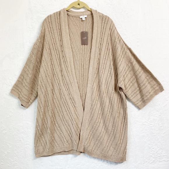 J. Jill Sweaters - J. Jill Cable Knit Longline Half Sleeve Open Front Cardigan Tan Sz XL